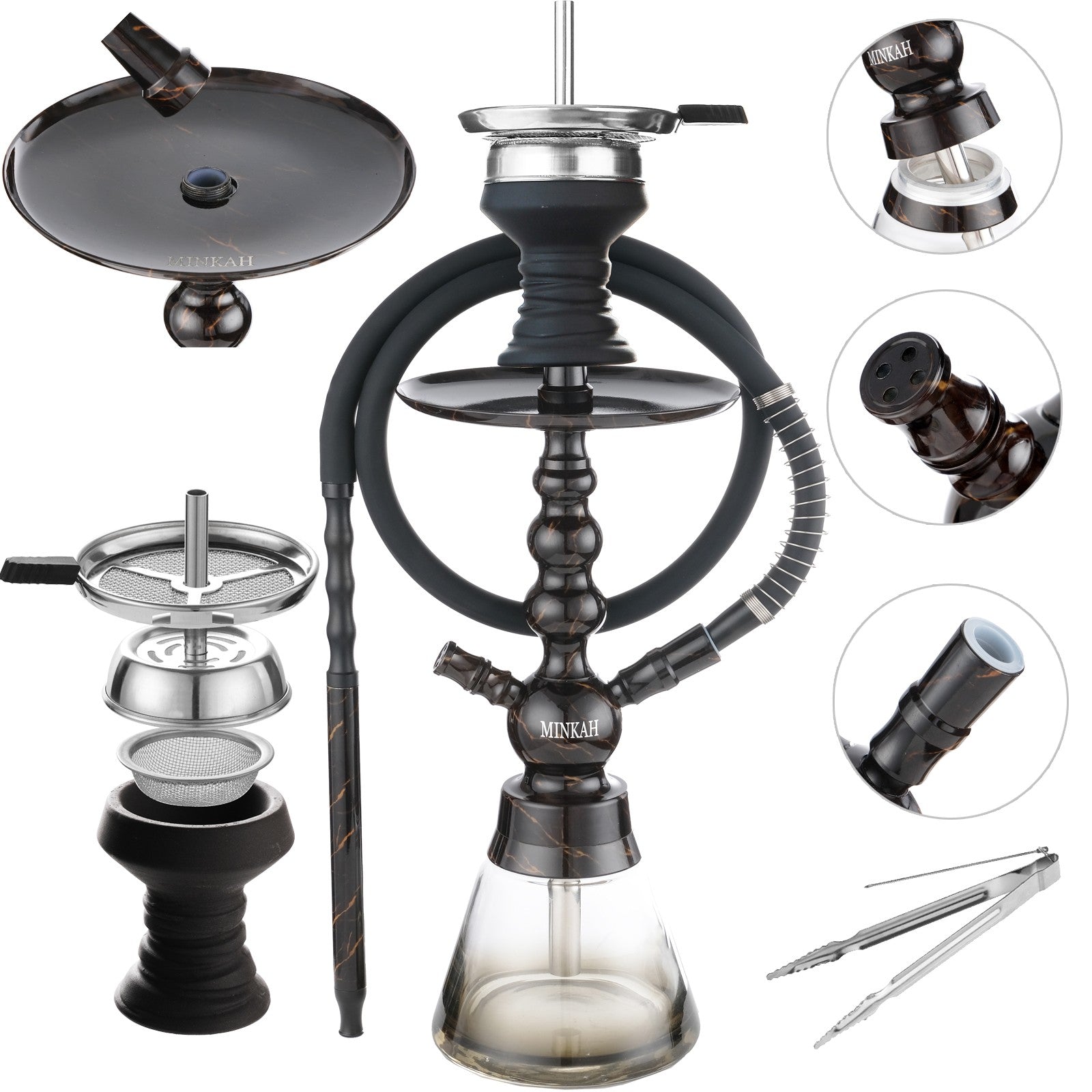 Marbling Hookah Set 19 with Silicone Hose Bowl Tongs Mouth Tips